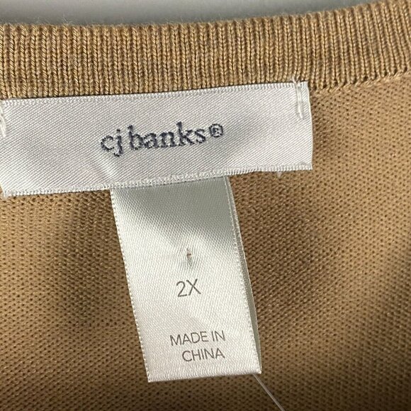 CJ Banks Cardigan Sweater Size 2X Tan Pearl Neckline Detail Button Up - Picture 4 of 11